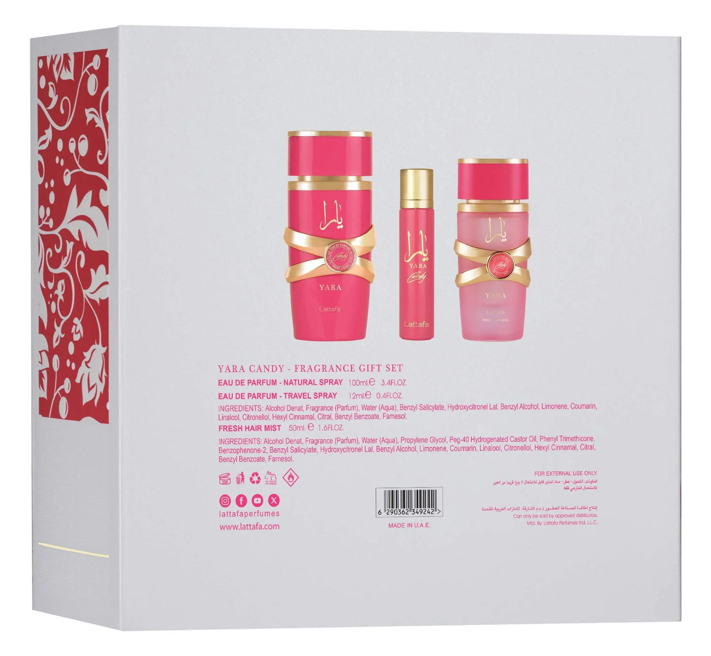 Conjunto de Presentes Lattafa – Yara Candy 100ml + 12ml + Névoa Capilar